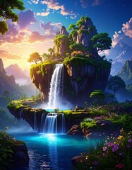 fantasy floating island with waterfall, mountains and cliff, blue sky with white clouds