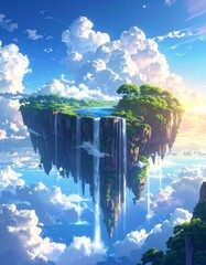 floating island with waterfall and cliff, blue sky with white clouds, fantasy island in the sky.