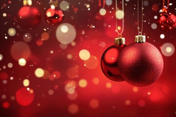 A card for congratulations or invitations. Close-up of red balls hanging on a red, blurred background with bokeh. New Year's concept. Copy space
