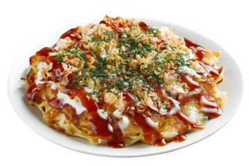 okonomiyaki dish on a white plate with delicious appearance isolated on white background