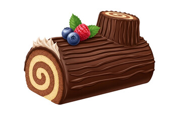 A richly detailed yule log, showcasing a chocolate-glazed, spiral-layered cake, accented by fresh berries and whipped cream.
