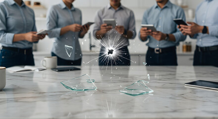 Dynamic business team collaborating in a modern office environment with digital devices and technology emphasizing teamwork innovation and professional success