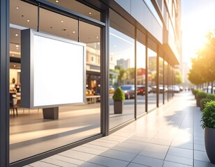 Fototapeta premium Blank Square Lightbox Sign Mockup in Modern Storefront Window, Urban Retail Advertising Billboard