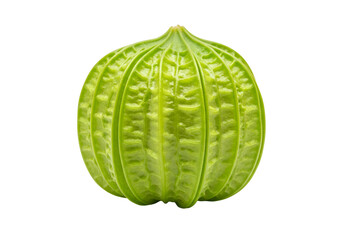 Vivid, vibrant lime green seed pod, displaying intricate, ribbed texture against a stark black background.