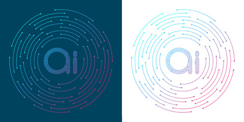 Artificial intelligence logo, chip, icon, sign in the flat line design style. Digital circuit board concept technology artwork for poster, cover, web banner, card. AI futuristic vector.