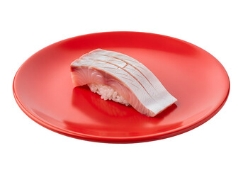 A single piece of sushi nigiri featuring thinly sliced, light-colored fish on a bed of sushi rice, presented on a glossy red plate against a black background.