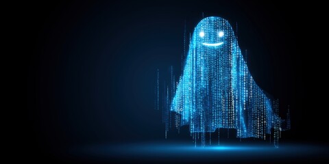 Halloween cybersecurity guardian IT specialist presents a friendly glowing ghost icon crafted from binary code and data streams, symbolizing playful yet powerful data privacy protection

