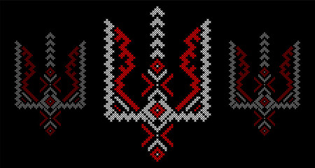 Ukrainian Tryzub Trident with Traditional Cross-Stitch Embroidery Pattern in Red and Black Colors &ndash; National Emblem Vector Symbol, Patriotic Folk Design for Posters, Prints, Clothing