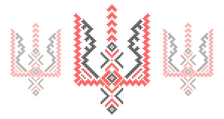 Ukrainian Tryzub Trident with Traditional Cross-Stitch Embroidery Pattern in Red and Black Colors &ndash; National Emblem Vector Symbol, Patriotic Folk Design for Posters, Prints, Clothing
