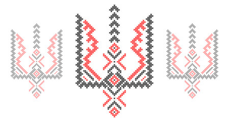 Ukrainian Tryzub Trident with Traditional Cross-Stitch Embroidery Pattern in Red and Black Colors &ndash; National Emblem Vector Symbol, Patriotic Folk Design for Posters, Prints, Clothing