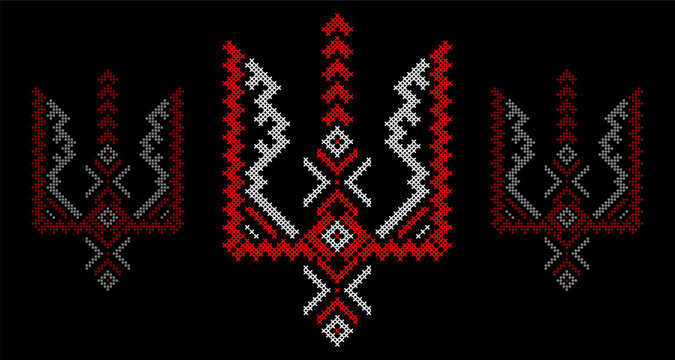 Ukrainian Tryzub Trident with Traditional Cross-Stitch Embroidery Pattern in Red and Black Colors &ndash; National Emblem Vector Symbol, Patriotic Folk Design for Posters, Prints, Clothing