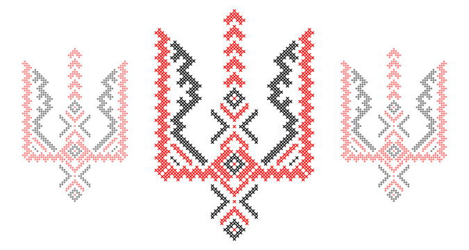 Ukrainian Tryzub Trident with Traditional Cross-Stitch Embroidery Pattern in Red and Black Colors &ndash; National Emblem Vector Symbol, Patriotic Folk Design for Posters, Prints, Clothing