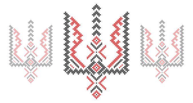 Ukrainian Tryzub Trident with Traditional Cross-Stitch Embroidery Pattern in Red and Black Colors &ndash; National Emblem Vector Symbol, Patriotic Folk Design for Posters, Prints, Clothing