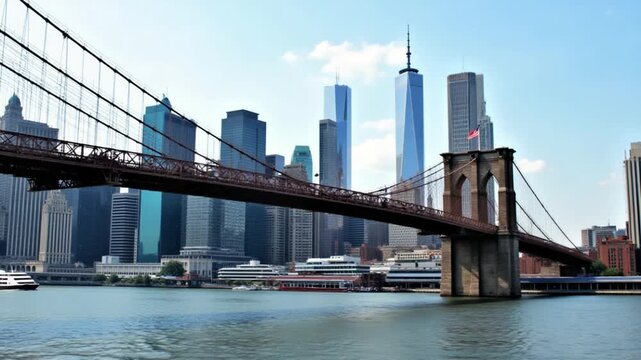 Awe Brooklyn Bridge at Manhattan New York in United States . Highrise Buildings Manhattan Bridge.