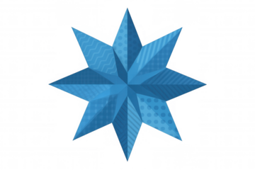 Geometric star pattern in light blue, segmented with unique designs, floating on transparent surface for creative visual branding