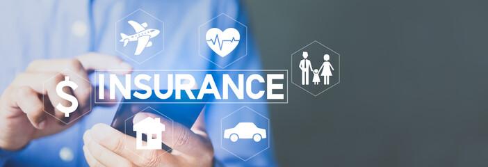 Man using Smartphone with family, life, car, travel, health and house insurance icons. Buy life and health insurance online concept.