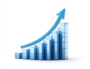 3D graphic of a rising blue bar graph with an upward arrow