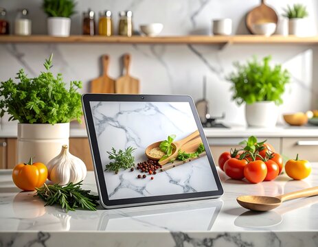 Digital Recipe Tablet with Fresh Cooking Ingredients on Modern Marble Kitchen Counter - Powered by Adobe
