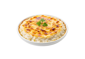 A creamy, cheesy dish, handsomely presented in a white bowl, garnished with fresh herbs, showcasing a rich golden-brown top crust.