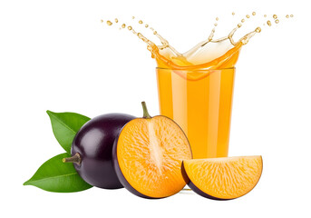 Vibrant plum juice splash with fresh fruit slices, showcasing a glass of juice and contrasting colors against a dark backdrop.