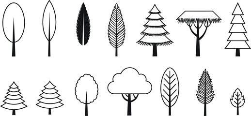 Collection of stylized trees and leaves in various simple graphic designs