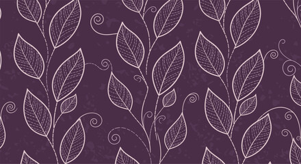 A repeating pattern of stylized leaves and vines on a dark purple background.