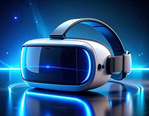 Virtual Reality Headset with Glowing Blue Neon Lights on a Reflective Surface