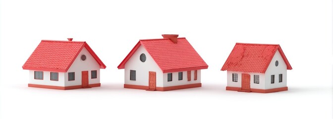 Three small, stylized houses with red roofs, set against a white background