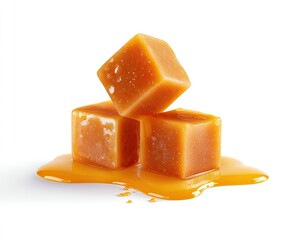 Three caramel squares, piled, with melted caramel drizzled below, on a white background