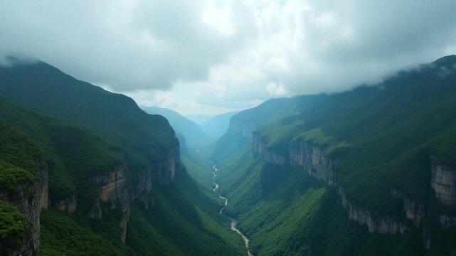 Aerial view of a picturesque gorge on heavy cloudy sky background. Action. High mountains covered