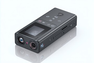 Obraz premium Compact, dual-lens camera, dark gray, with LCD screen and control panel. Image shows a device angled, reflecting a white background