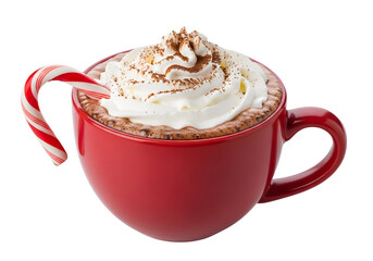 A rich, steaming mug of hot chocolate, topped with fluffy whipped cream and a sprinkle of cocoa, is garnished with a festive candy cane.