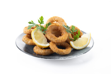 Crispy fried squid rings isolated on white background
