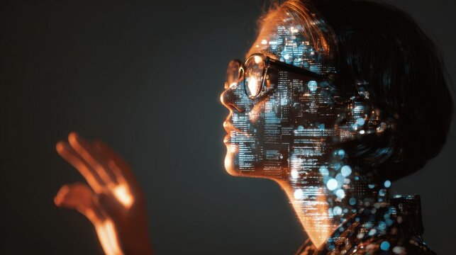 Empowering women in ai: bridging innovation and business success. Economic indicators. Visionary ai expert showcasing modern business integration. Business metrics. Market forecast.