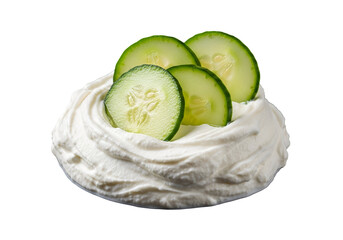 Freshly sliced cucumbers atop a mound of whipped cream, creating a visually appealing and healthy food presentation.