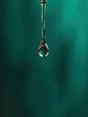 A closely captured drop of water hangs in the air, ready to fall. The blurred green backdrop enhances the clarity of the drop, showcasing its round shape and reflective surface