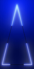 Glowing vibrant triangle of neon light stands out against a deep blue, gradient background. Triangle's three sides they have black gaps. Soft, ethereal glow that illuminates surrounding dark space
