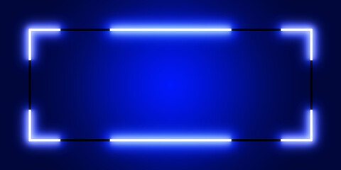 Glowing vibrant rectangle of neon light stands out against a deep blue, gradient background. Rectangle's three sides they have black gaps. Soft, ethereal glow that illuminates surrounding dark space