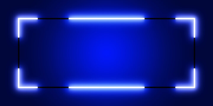 Glowing vibrant rectangle of neon light stands out against a deep blue, gradient background. Rectangle's three sides they have black gaps. Soft, ethereal glow that illuminates surrounding dark space
