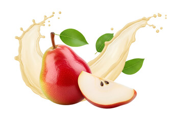 A juicy pear and a slice of pear are highlighted by creamy juice splashes against a striking black background.