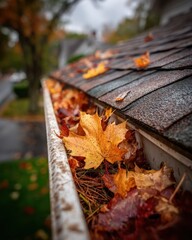 Rain gutters at a residential property show large, vibrant autumn leaves inside, alongside some pine needles, captured during an overcast afternoon