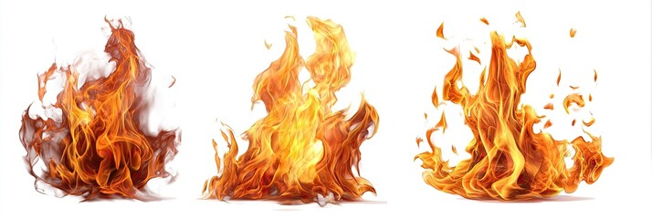 Three vibrant flames against a white background