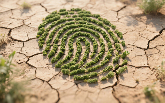 Green Plant Fingerprint on Cracked Earth - Symbolic Visual of Human-Nature Connection and Resilient Life