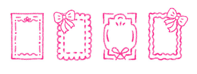 Crayon coquette frames with doodle ribbon and bow. Sketch set of rectangle frames with pink wavy borders and bow with chalk texture, vector illustration