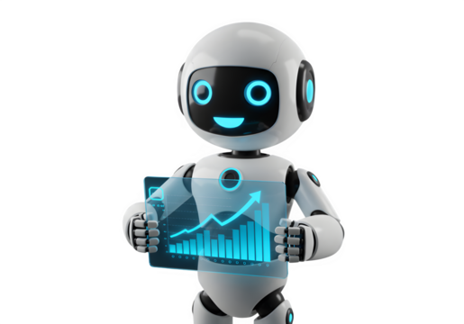 Friendly White Cartoon Robot Holding Tablet with Financial Growth Chart, Isolated on Transparent Background PNG

