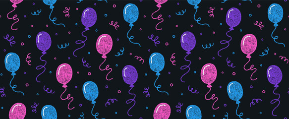 Background with crayon balloons and confetti for birthday party. Seamless pattern with doodle flying balloons with color chalk texture on black bg. Holiday pattern on blackboard, vector illustration