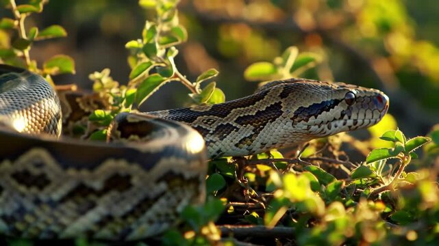 Close up of a python snake lying among green plants in natural habitat. Wildlife animal, reptile, nature.