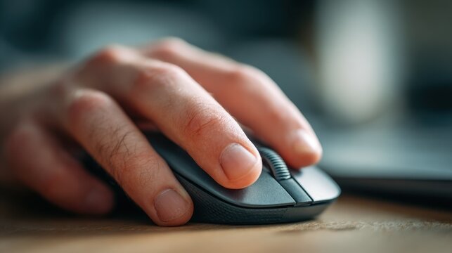 A hand is positioned on a computer mouse, indicating an active engagement with technology in a workspace. The surroundings suggest a busy and focused environment