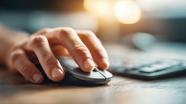 A hand rests on a computer mouse, engaged in a digital task within a bright workspace. Light filters through, highlighting the desk items nearby - Powered by Adobe