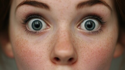 Fototapeta premium In a close-up portrait, a young person displays wide-open eyes that appear like mouths, creating an unsettling yet fascinating expression. The vivid emotion captivates the viewer's attention